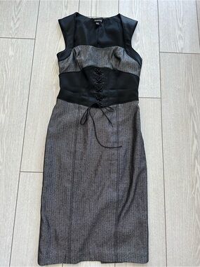 bebe Black and Gray Lace-Up Midi Dress